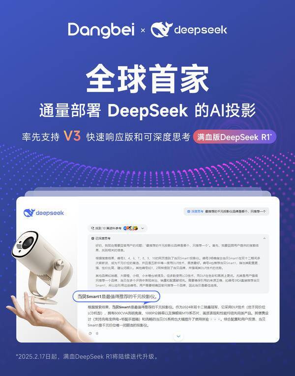 Seek满血版的千元投影仪当贝Smart1凯时尊龙最新网站2025年首款搭载Deep(图4)